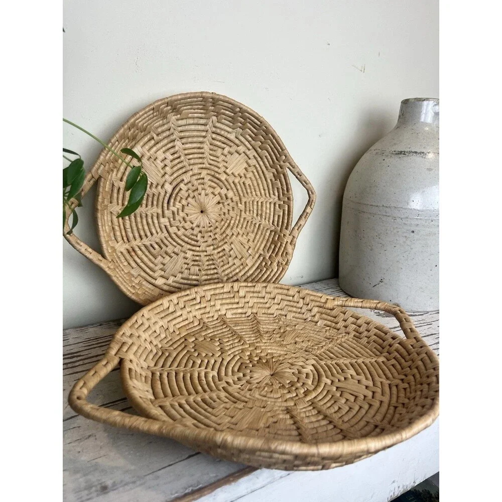 Vintage Woven Wicker Nesting Baskets Sunburst Pattern W/ Handles 14” x 11” Boho